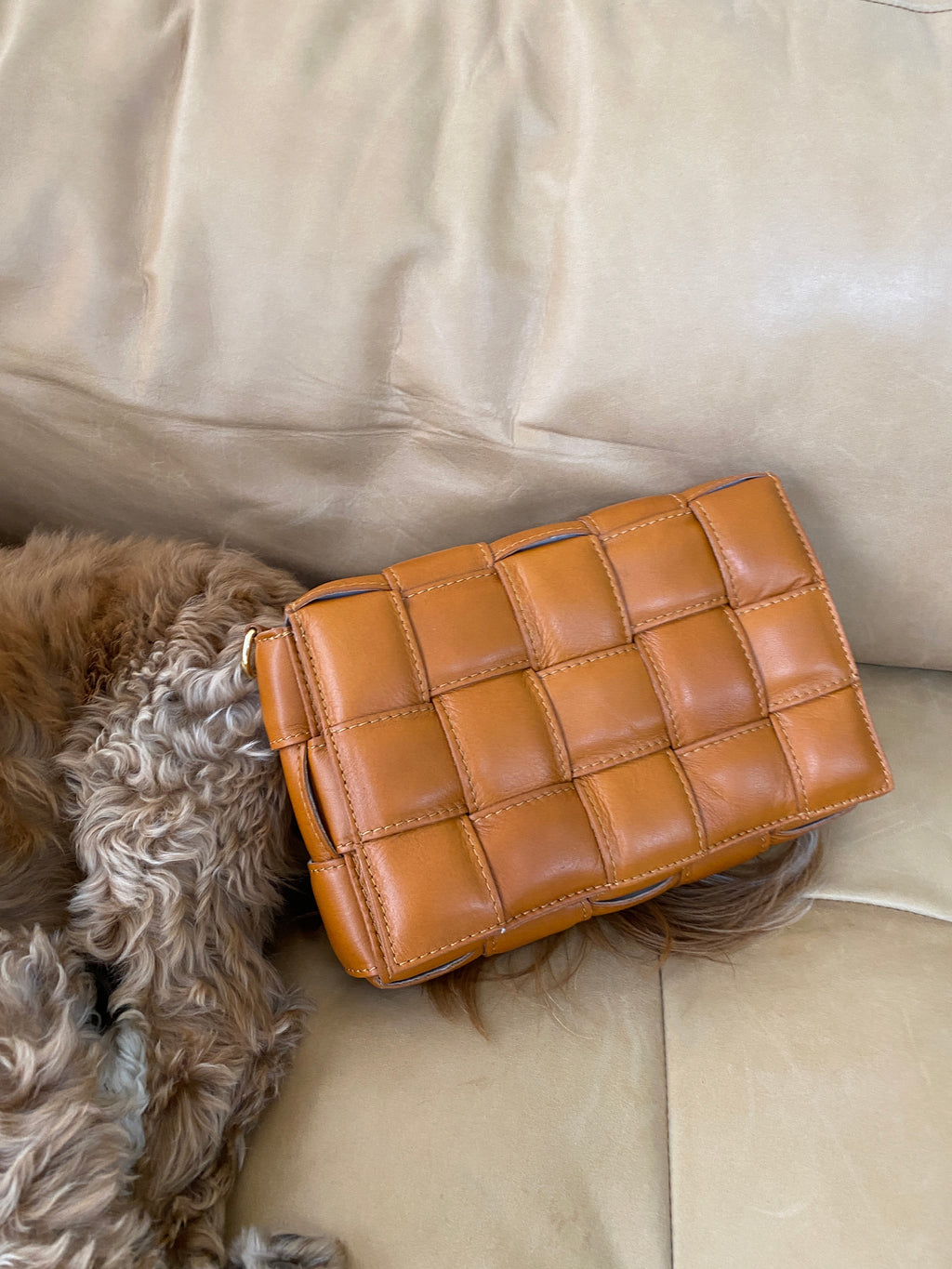 'Amalfi' Tan Smooth Leather Woven Cross Body Bag