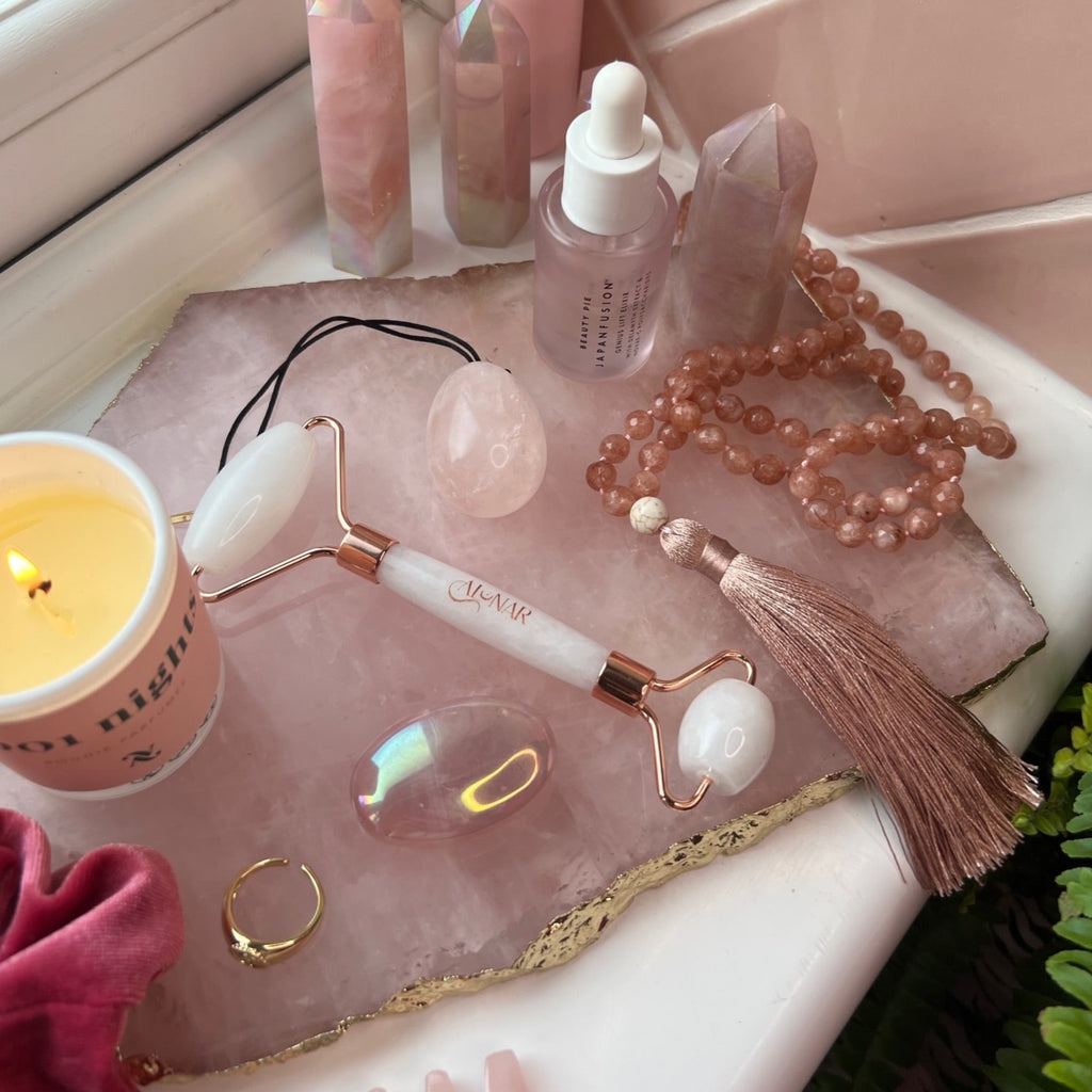 Rose Quartz Crystal Platter with Gold Edge